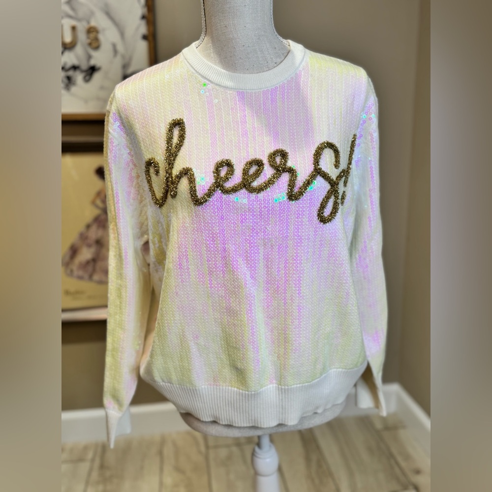 New! QUEEN OF SPARKLES Iridescent Full Sequin Cheers White Sweater